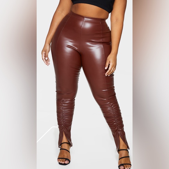 PrettyLittleThing Pants - Chocolate PU ruched pants